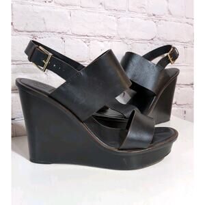 Tory Burch Lexington 110mm Black Leather Platform Wedge Sandals 9